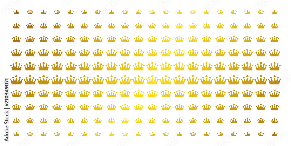 Poster crown icon golden halftone pattern. vector crown shapes are organized into halftone matrix with incl
