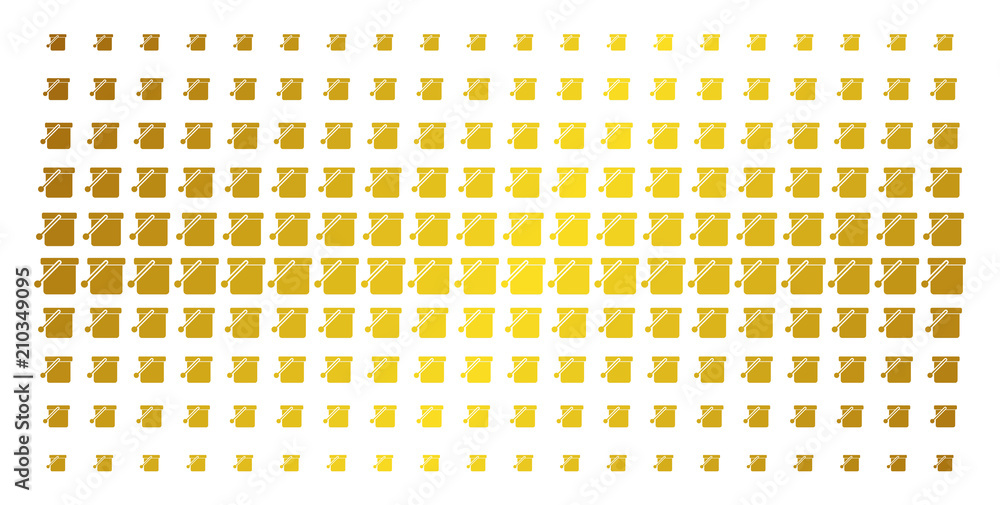 Poster bucket icon gold colored halftone pattern. vector bucket pictograms are arranged into halftone matri