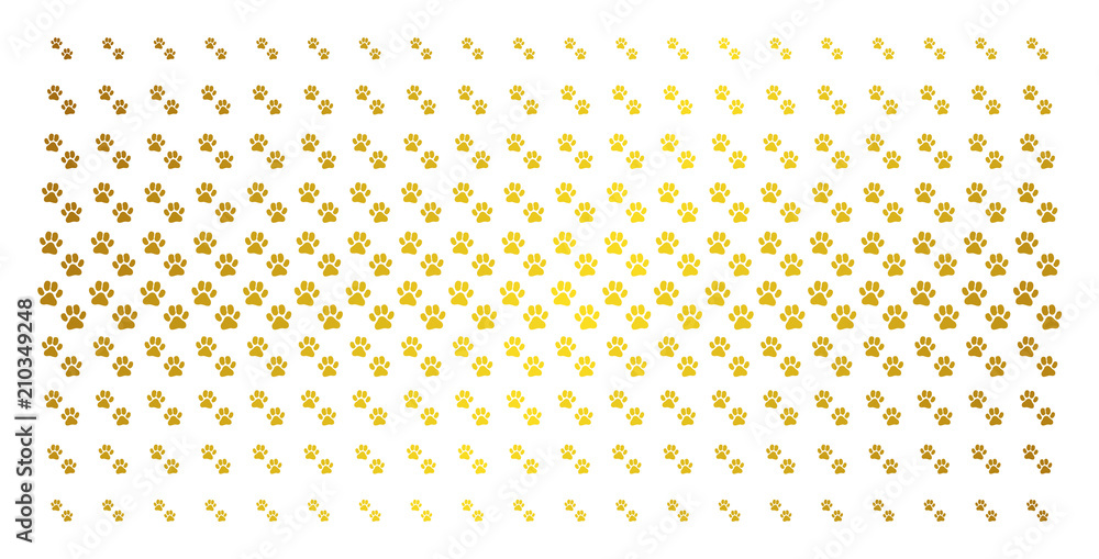 Poster paw footprints icon golden halftone pattern. vector paw footprints shapes are arranged into halftone