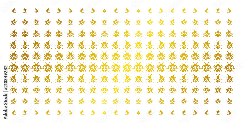 Poster ladybird bug icon golden halftone pattern. vector ladybird bug pictograms are arranged into halftone