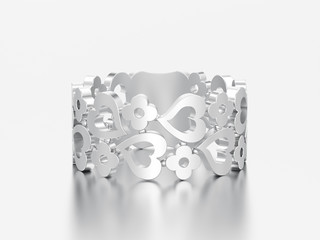 3D illustration white gold or silver decorative curve out flowers and hearts ring