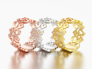 3D illustration three yellow rose white gold or silver decorative curve out flowers and hearts rings