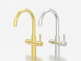 3D illustration two yellow white gold  or silver chrome faucets