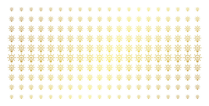 Light bulb icon golden halftone pattern. Vector light bulb shapes are arranged into halftone matrix with inclined gold gradient. Designed for backgrounds, covers, templates and luxury concepts.