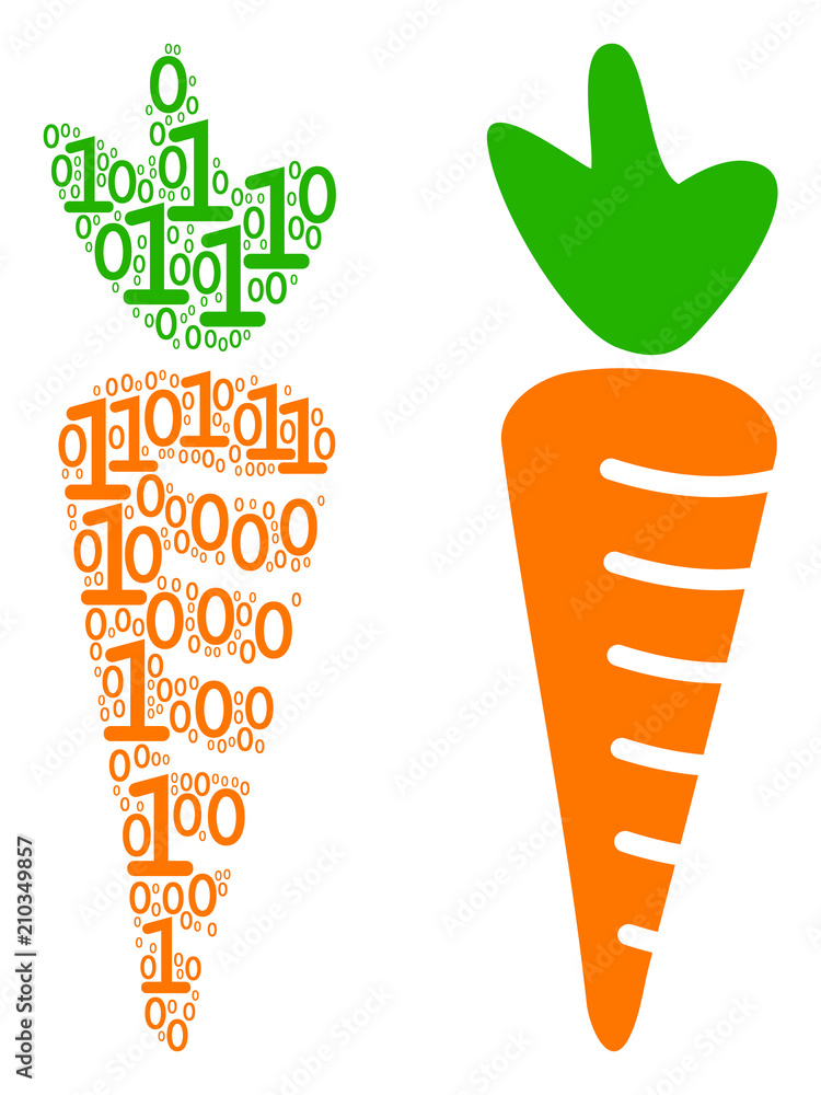 Poster carrot collage icon of zero and one symbols in various sizes. vector digits are organized into carro