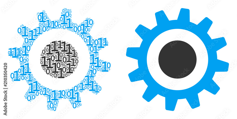 Poster cogwheel composition icon of zero and one symbols in randomized sizes. vector digits are united into