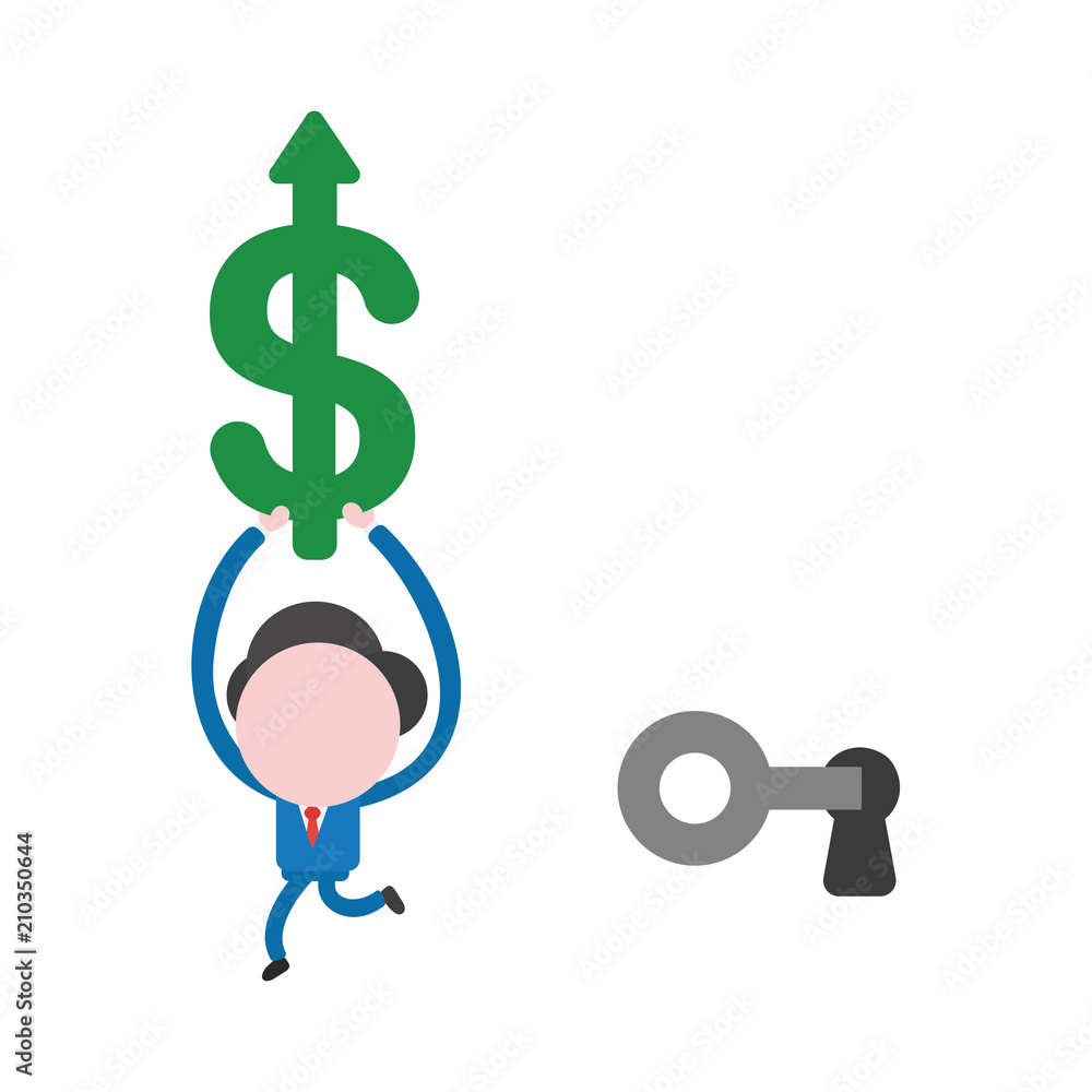 Poster vector businessman character unlock keyhole with key, running and carrying dollar symbol with arrow 