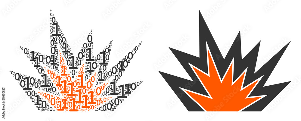Poster explosion boom collage icon of one and zero digits in randomized sizes. vector digital symbols are s