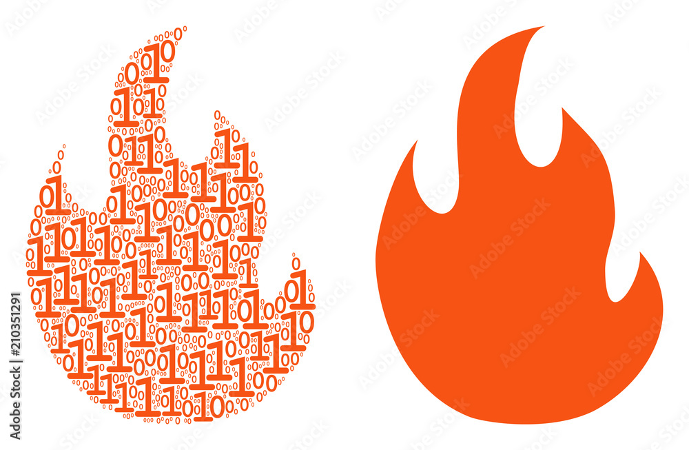 Poster fire flame mosaic icon of zero and one symbols in randomized sizes. vector digital symbols are group