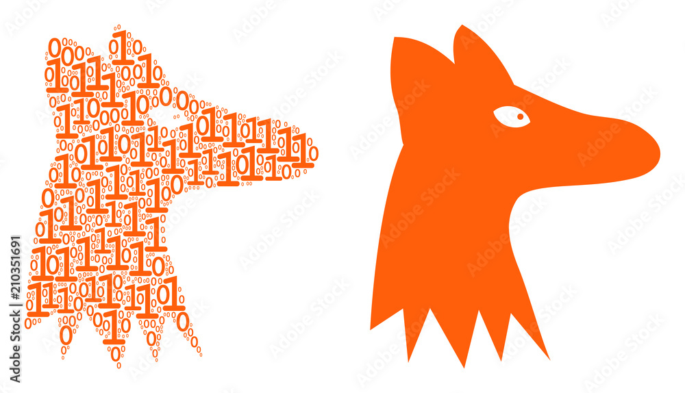 Poster fox head collage icon of one and zero digits in random sizes. vector digit symbols are arranged into