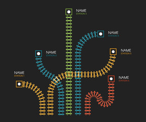 Railroad tracks, railway simple icon, rail track direction, train tracks colorful vector illustrations on black backgroud, colorful stairs, subway stations map top view, infographic elements. © artyway