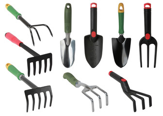 Set of gardening tools, hand Trowels and hand forks isolated