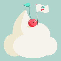 Kawaii Summer illustration of a cherry fruit placing a cherry flag on the top of a mountain made of sweet whipped cream. Background is candy light green. A real conquerer!