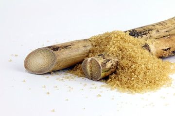Sugar cane and sugar heap, Sugarcane burn, Cane piece and Sugarcane granulated sugar on white background