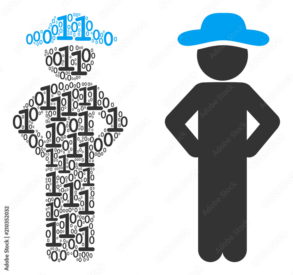 Poster gentleman akimbo collage icon of zero and null digits in random sizes. vector digital symbols are gr
