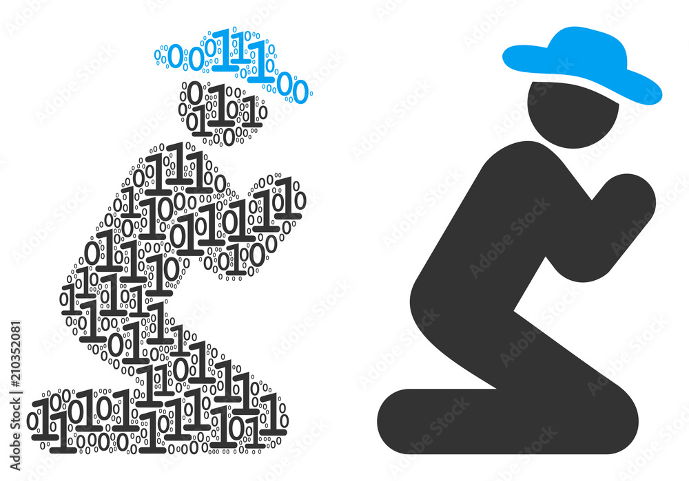 Poster gentleman pray collage icon of binary digits in randomized sizes. vector digital symbols are scatter