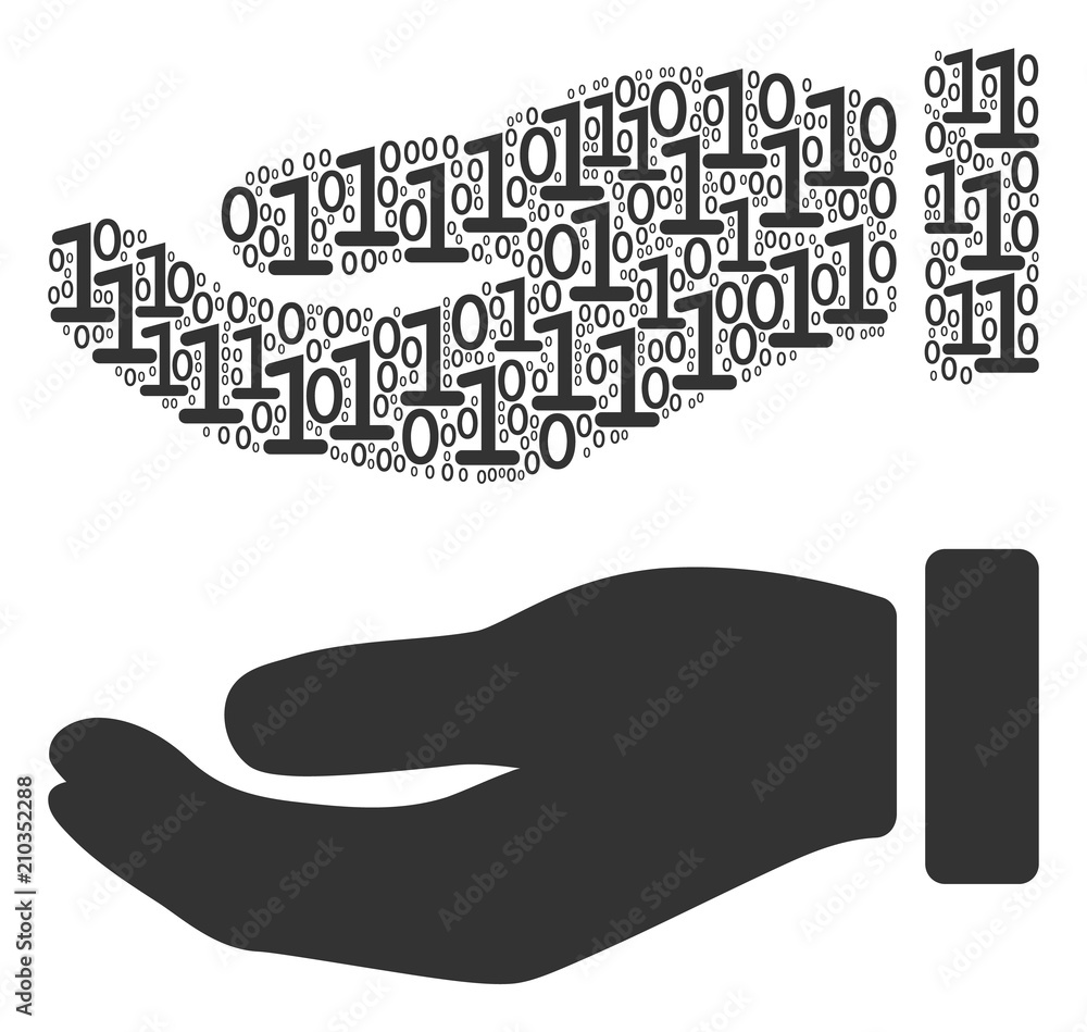 Poster hand collage icon of zero and one symbols in various sizes. vector digits are combined into hand mos