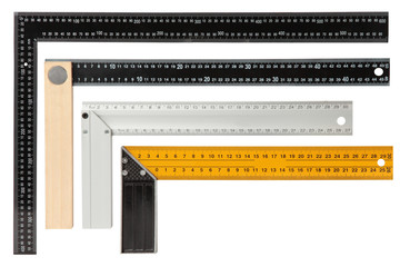 Set of steel framing setsquares isolated on white background.