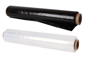 Rolls of black and transparent wrapping plastic stretch film on white background.