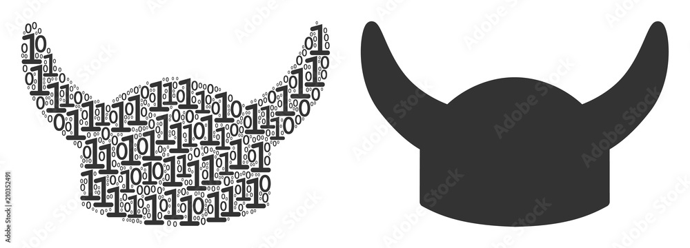 Poster horned helmet mosaic icon of zero and one symbols in different sizes. vector digit symbols are arran