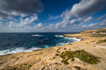 Coastline near Dwejra bay, Mediterranean Sea, Island of Gozo, Malta. Sea landscape.