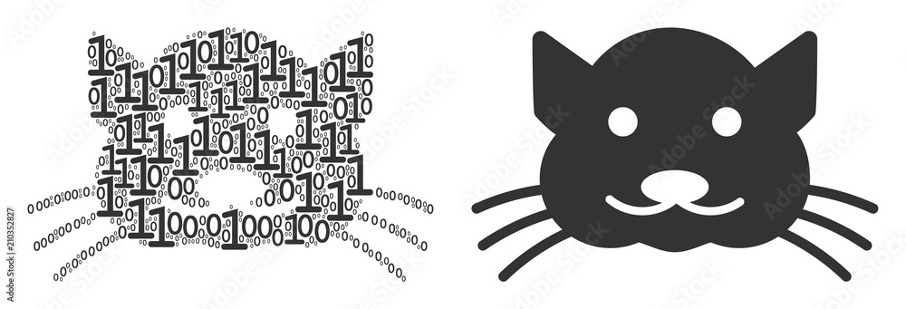 Poster kitty collage icon of zero and one symbols in randomized sizes. vector digit symbols are composed in