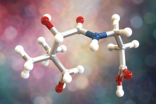 Molecular model of pantothenic acid, vitamin B5, 3D illustration. It has antioxidant activity, is a part of the vitamin B2 complex and component of coenzyme A, CoA