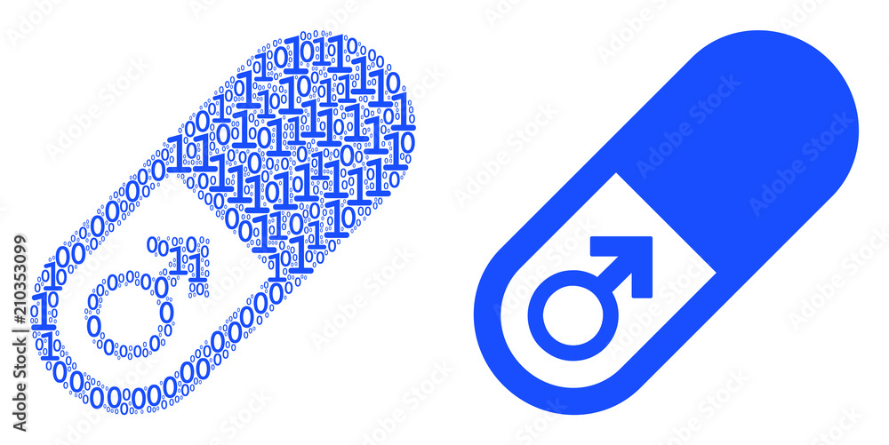 Aufkleber male power pill composition icon of zero and one symbols in random sizes. vector digit symbols are u