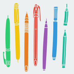 Sketchy Doodles Set of Writing and Drawing Utensils, Tools, Supplies for school and office: pen, pencil, felt pen. Cartoon vector eps 10 illustration on white background. Flat colors