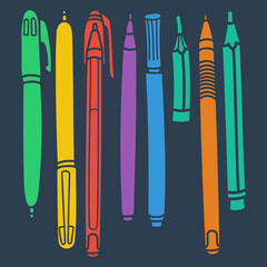 Sketchy Doodles Set of Writing and Drawing Utensils, Tools, Supplies for school and office: pen, pencil, felt pen. Cartoon vector eps 10 illustration on white background. Flat colors