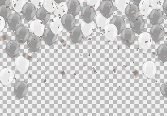 Gray and white balloons with copyspace isolated on transparent background. Flying latex ballons. Vector illustration.