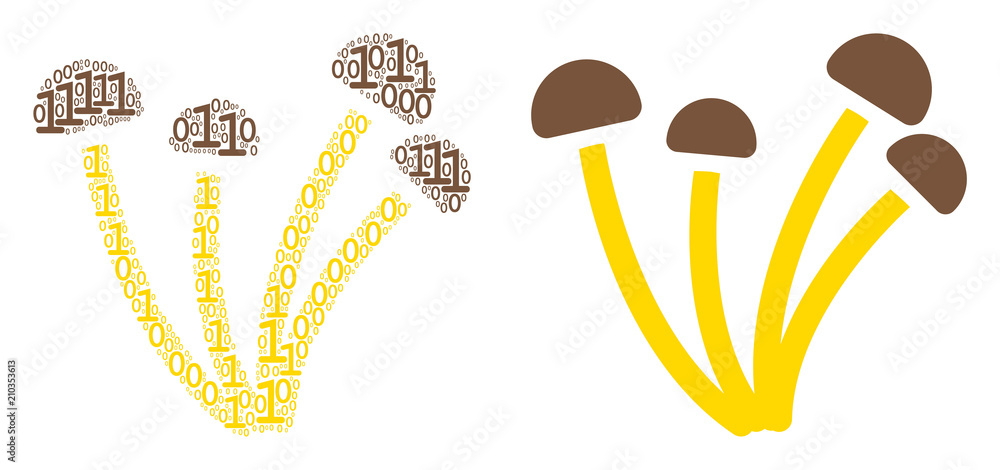 Poster mushrooms collage icon of zero and one symbols in different sizes. vector digital symbols are organi