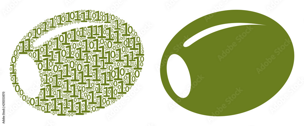 Poster olive mosaic icon of zero and one symbols in random sizes. vector digit symbols are scattered into o