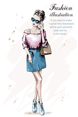 Fashion woman with bag. Stylish brown hair woman in sunglasses. Hand drawn beautiful girl. Sketch. Vector illustration.