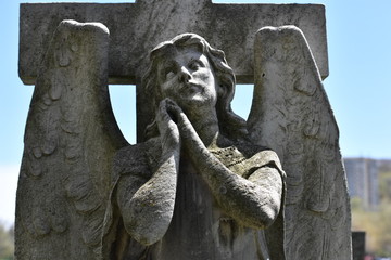 Fototapeta premium Sculpture of a praying angel on an old tomb of the cemetery of Montreal-Canada