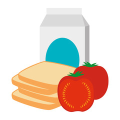milk box with tomato and bread vector illustration design