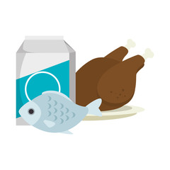 chicken and fish meat with milk box vector illustration design