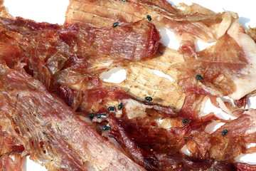 Obraz na płótnie Canvas sun-dried pork with flies, fly insect on sheet pork dried by sun