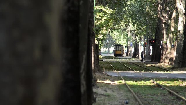 tramvia di Milano in una zona centrale della citt&agrave; con incroci e attraversamenti pedonali
