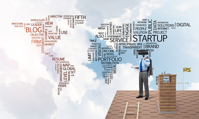 Concept of home security and privacy protection with camera headed man