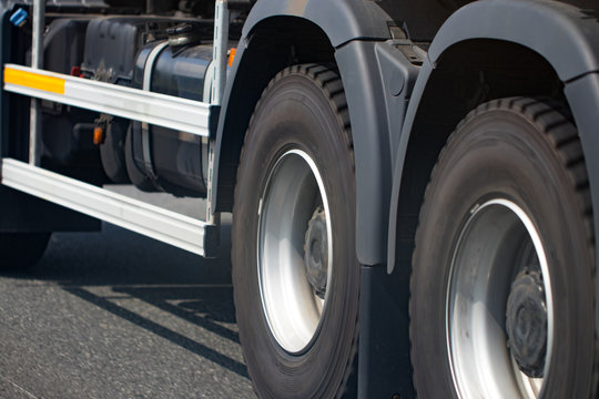 Chromed Truck Wheel Closeup. Heavy Duty Truck Wheel