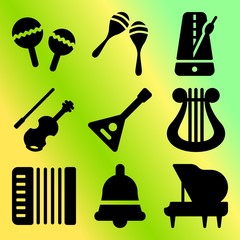 Vector icon set  about music instruments with 9 icons related to balalaika, bell, silhouette, graphic and melody