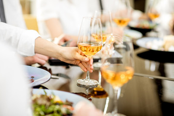 Close-up view on the delicious meals and wine during a business lunch at the restaurant