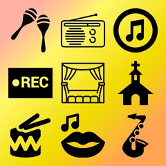 Vector icon set  about music with 9 icons related to cross, volume, white, elegant and theatrical
