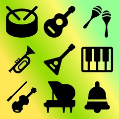 Vector icon set  about music instruments with 9 icons related to design, music, trommel, silhouette and sound