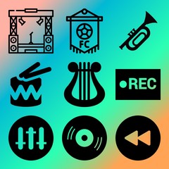 Vector icon set  about music player with 9 icons related to businesswoman, symphony, scroll, equality and male