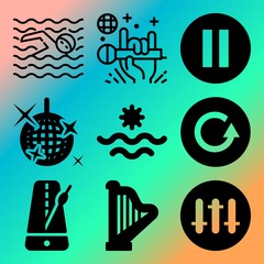 Vector icon set  about music player with 9 icons related to group, funny, power, cursor and male