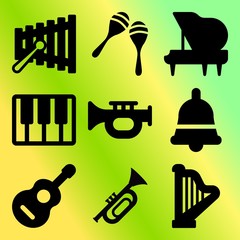 Vector icon set  about music instruments with 9 icons related to color, tune, flat, composition and stick