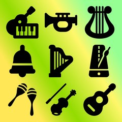 Vector icon set  about music instruments with 9 icons related to illustration, handbell, melody, maracas and entertainment