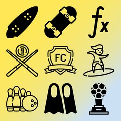 Vector icon set  about fitness and sport with 9 icons related to design, recreation, diving fins, player and playground